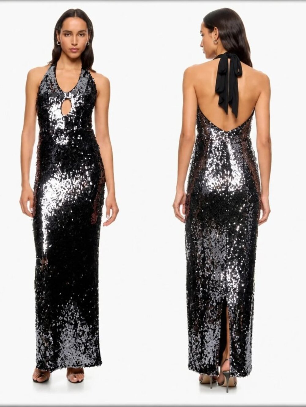 Dress The Population Priscilla Maxi Dress Sequin Column Halter Silver Black Gown